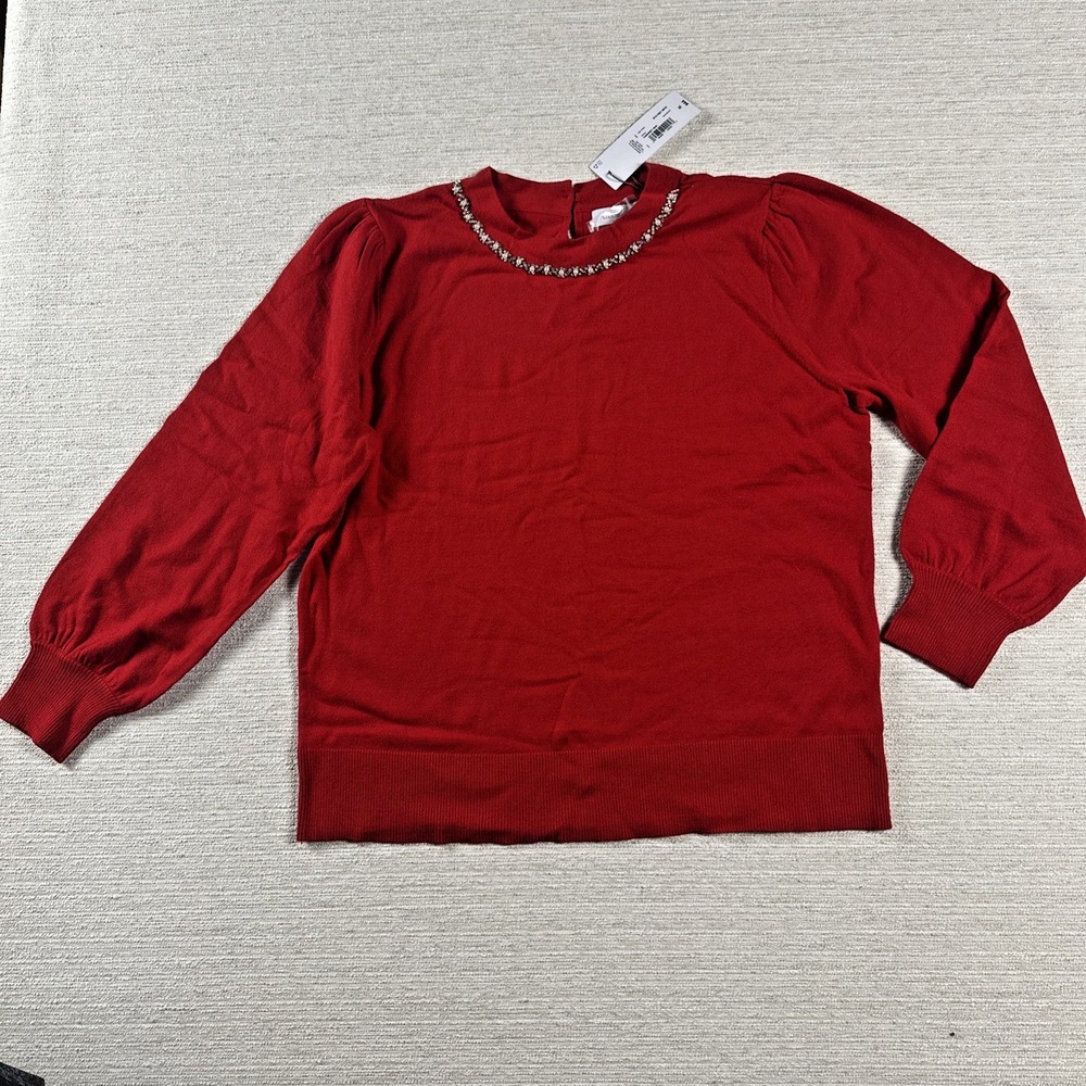 Coquette Pearl Rhinestone Sweater Red Puff Sleeve Liz Claiborne XL NWT Holiday